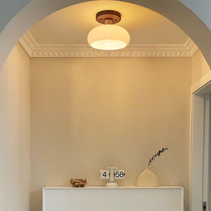 Creative Vintage Walnut Brass Round 1-Light Semi-Flush Mount Ceiling Lamp