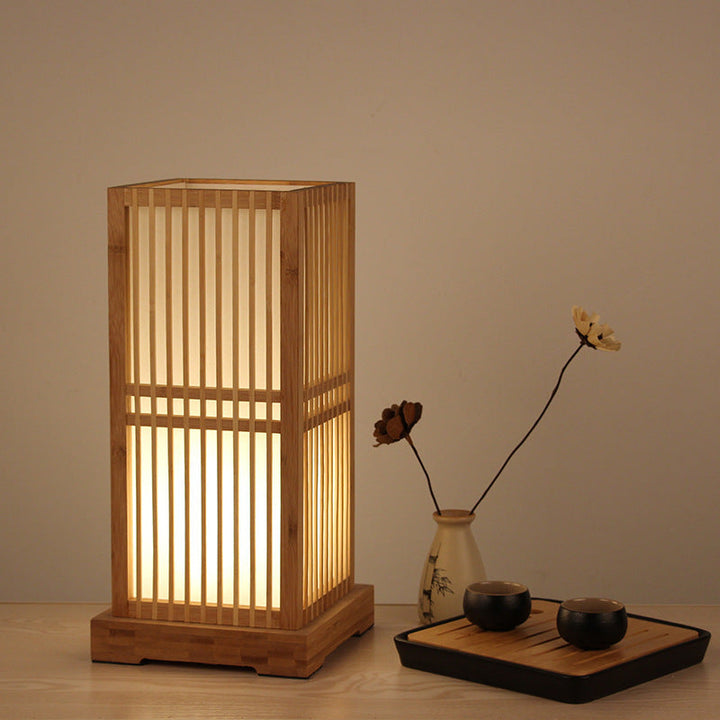 Traditional Japanese Square Bamboo Column Lamp 1-Light for Bedroom