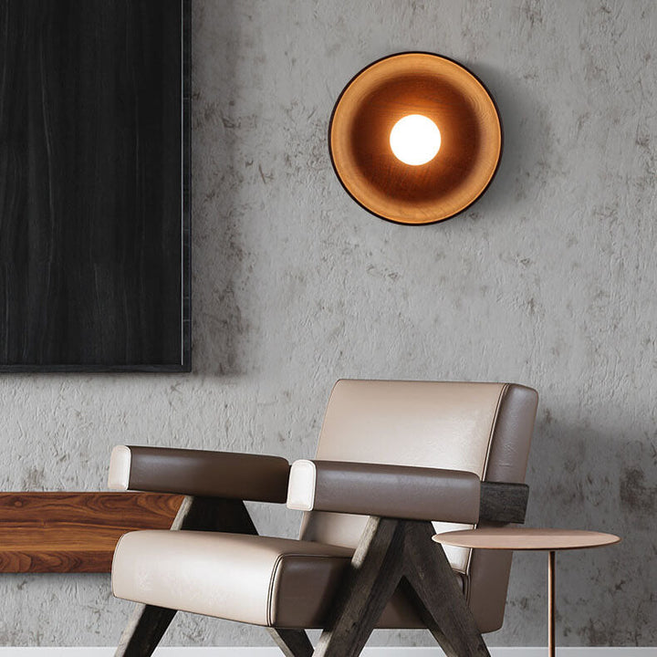 Modern Minimalist Round Disc Solid Wood 1-Light Wall Lamp