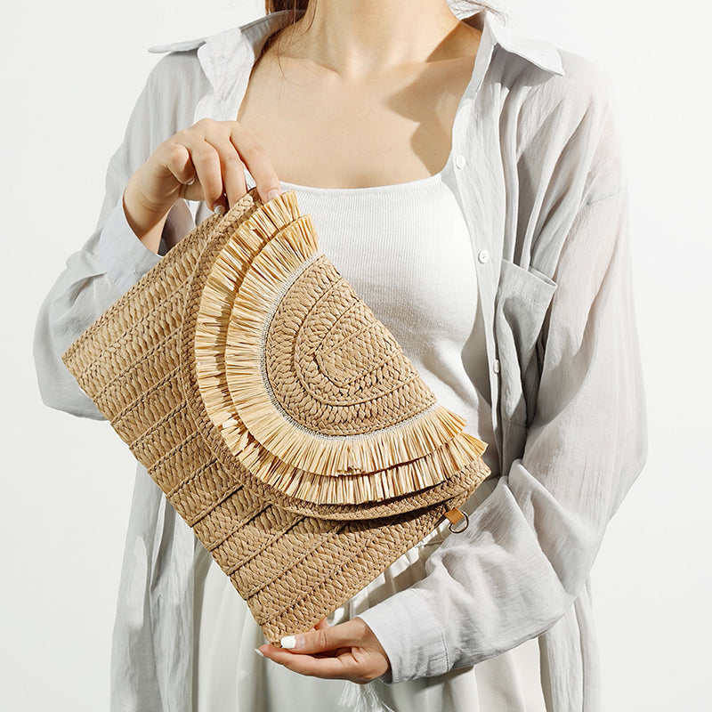 Solana – Raffia Fringe Flap Straw Handbag for Women