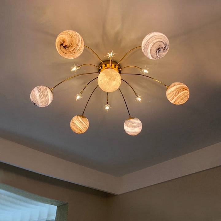 Contemporary Nordic Child Iron Glass Ball Earth Planet 13-Light Semi-Flush Mount Ceiling Lamp for Bedroom