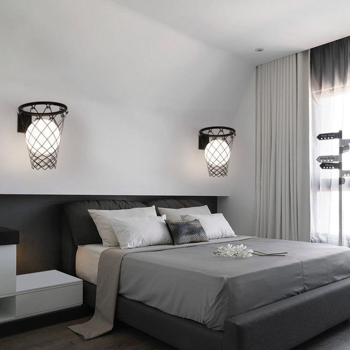 Modern Art Deco Barn Iron Glass Basket Lamp 1-Light Wall Light for Bedroom