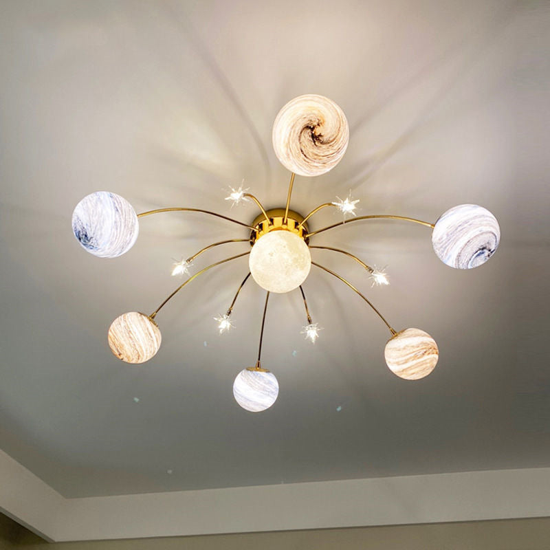 Contemporary Nordic Child Iron Glass Ball Earth Planet 13-Light Semi-Flush Mount Ceiling Lamp for Bedroom