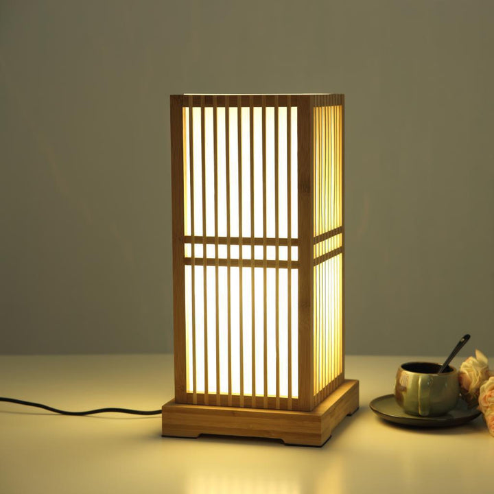 Traditional Japanese Square Bamboo Column Lamp 1-Light for Bedroom