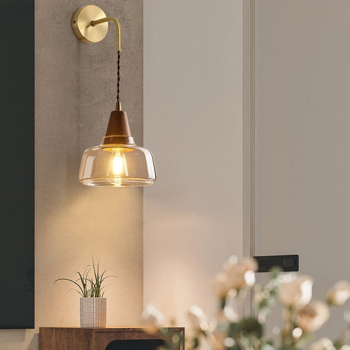 Traditional Japanese Walnut Glass Copper Cylinder 1-Light Wall Lamp
