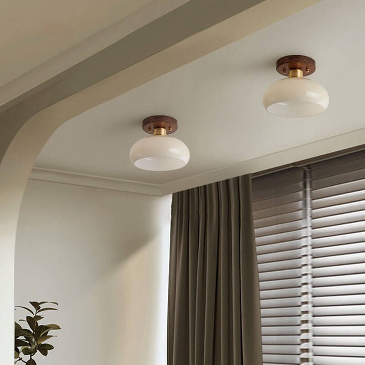 Creative Vintage Walnut Brass Round 1-Light Semi-Flush Mount Ceiling Lamp