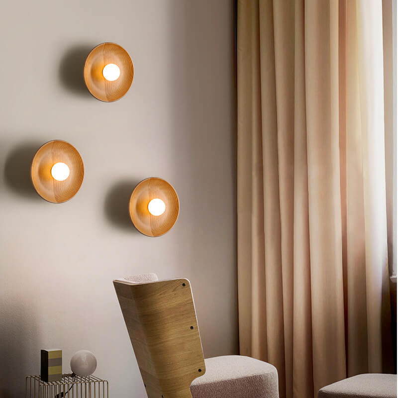 Modern Minimalist Round Disc Solid Wood 1-Light Wall Lamp