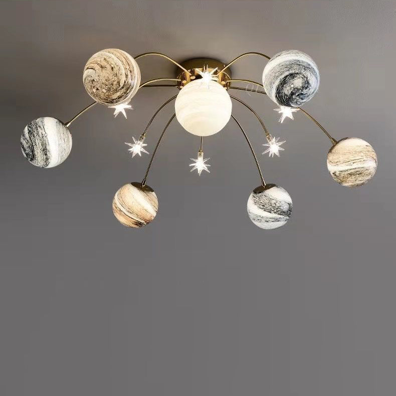 Contemporary Nordic Child Iron Glass Ball Earth Planet 13-Light Semi-Flush Mount Ceiling Lamp for Bedroom