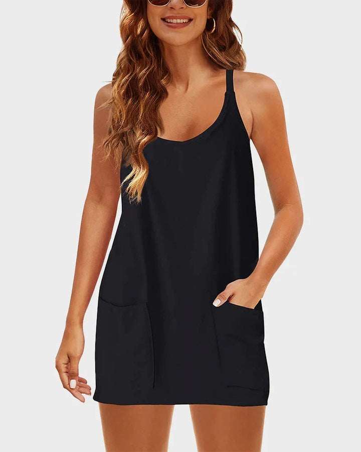 Lightweight Scoop Neck Summer Mini Dress with Built-In Shorts - Casual Women's Fashion