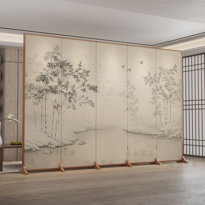 Traditional Chinese Rectangular Pine Wood Solid Wood Plywood Cotton Canvas Room Divider for Living Room