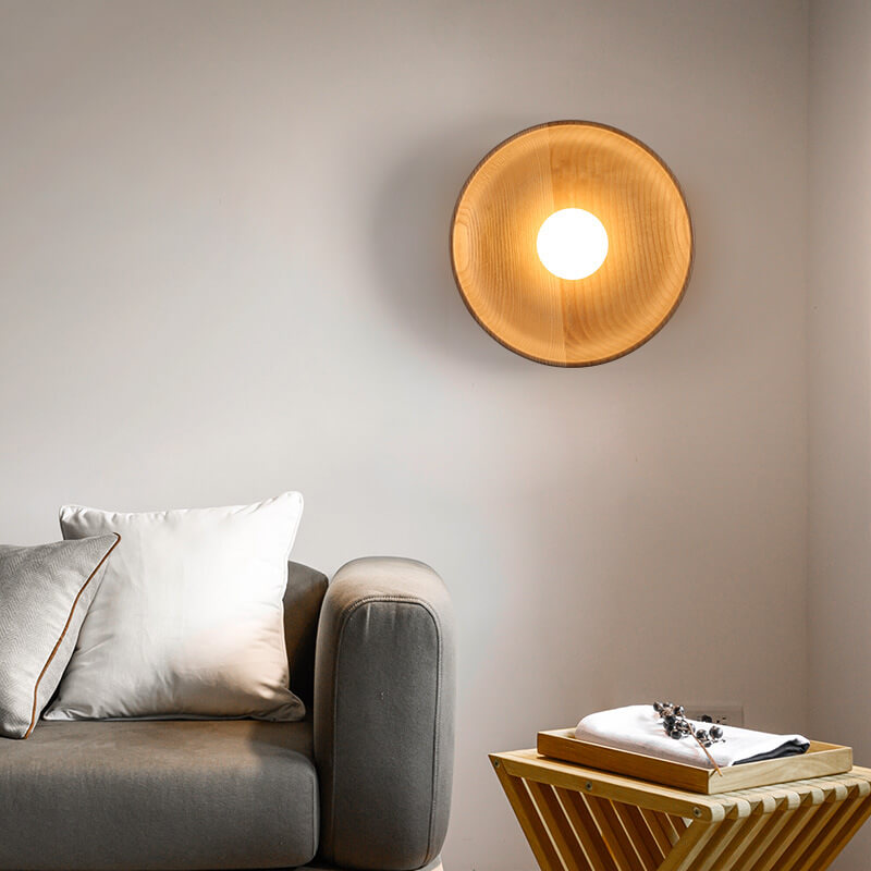 Modern Minimalist Round Disc Solid Wood 1-Light Wall Lamp
