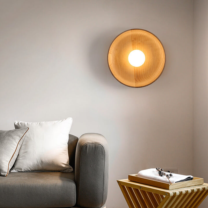 Modern Minimalist Round Disc Solid Wood 1-Light Wall Lamp