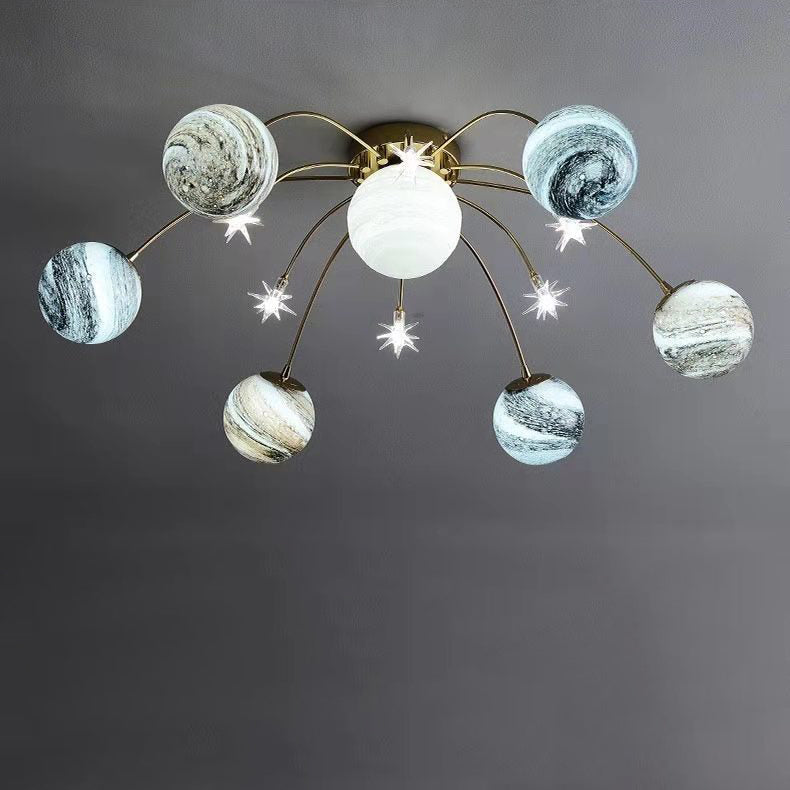 Contemporary Nordic Child Iron Glass Ball Earth Planet 13-Light Semi-Flush Mount Ceiling Lamp for Bedroom