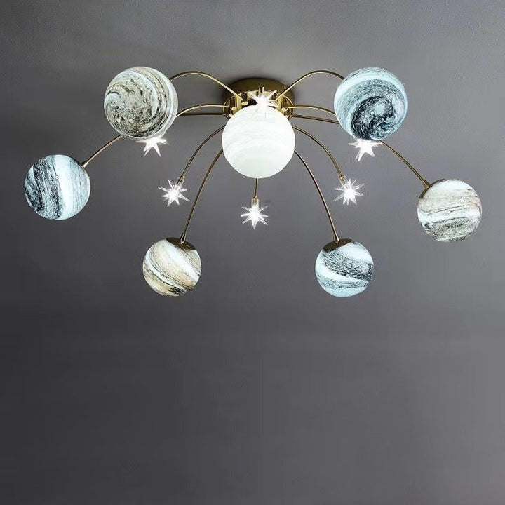 Contemporary Nordic Child Iron Glass Ball Earth Planet 13-Light Semi-Flush Mount Ceiling Lamp for Bedroom