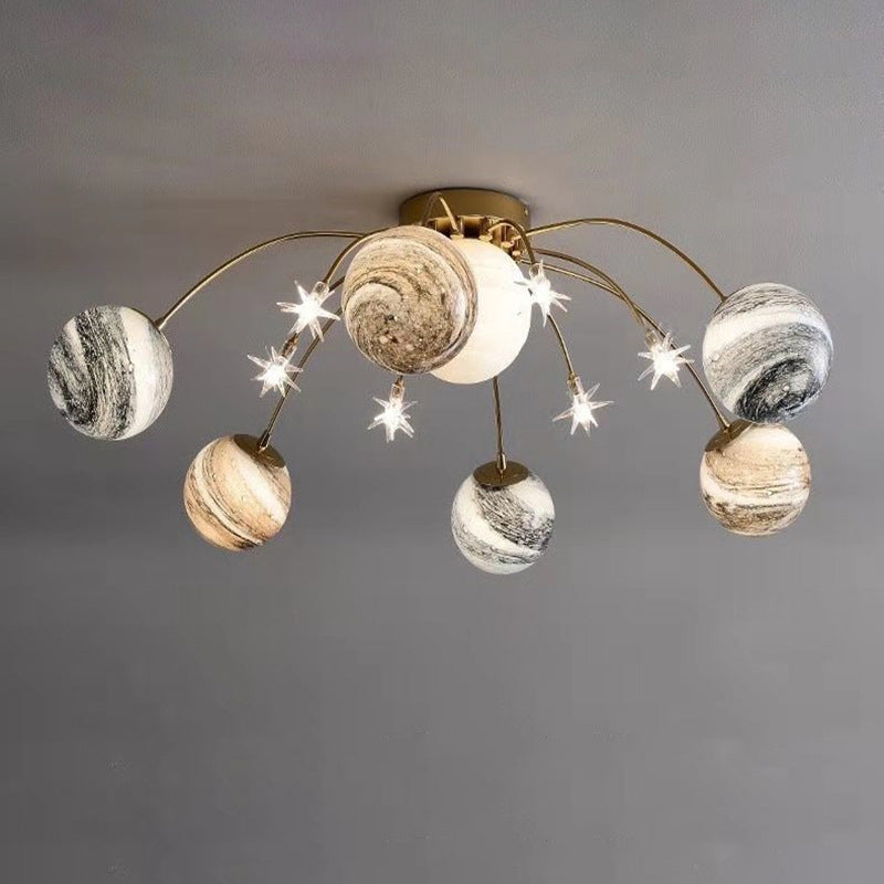 Contemporary Nordic Child Iron Glass Ball Earth Planet 13-Light Semi-Flush Mount Ceiling Lamp for Bedroom