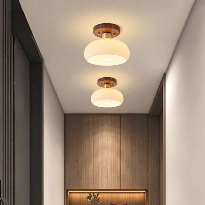 Creative Vintage Walnut Brass Round 1-Light Semi-Flush Mount Ceiling Lamp