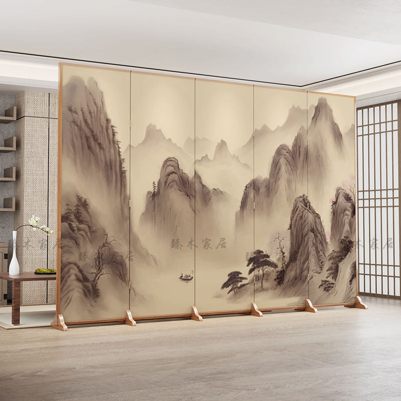 Traditional Chinese Rectangular Pine Wood Solid Wood Plywood Cotton Canvas Room Divider for Living Room