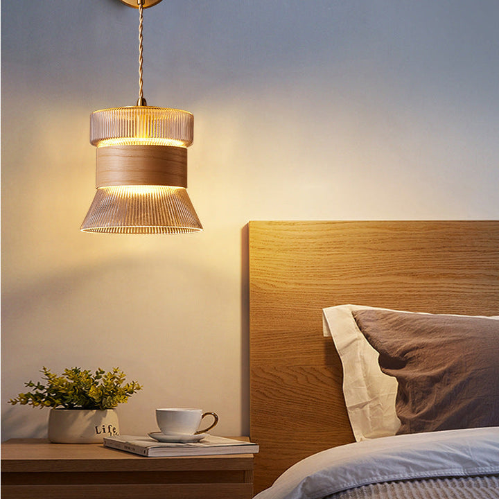 Traditional Japanese Walnut Glass Copper Cylinder 1-Light Wall Lamp
