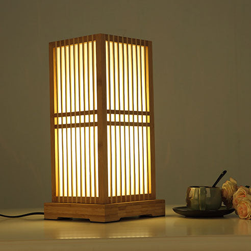 Traditional Japanese Square Bamboo Column Lamp 1-Light for Bedroom