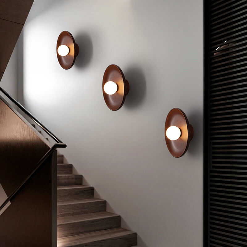 Modern Minimalist Round Disc Solid Wood 1-Light Wall Lamp