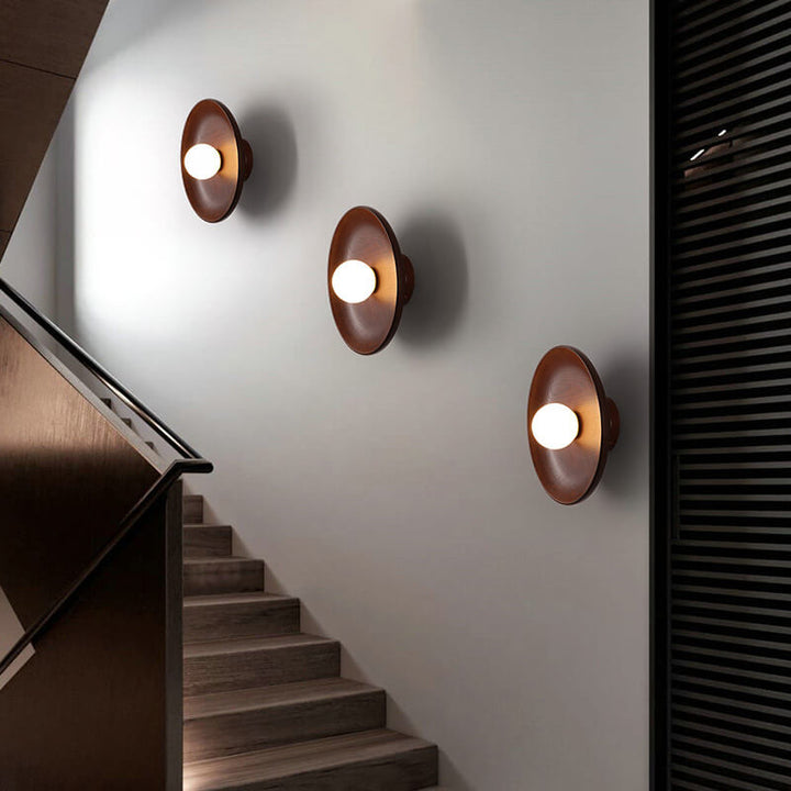 Modern Minimalist Round Disc Solid Wood 1-Light Wall Lamp