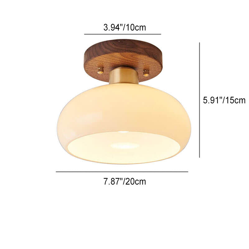 Creative Vintage Walnut Brass Round 1-Light Semi-Flush Mount Ceiling Lamp