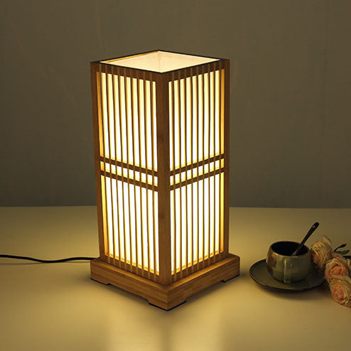 Traditional Japanese Square Bamboo Column Lamp 1-Light for Bedroom