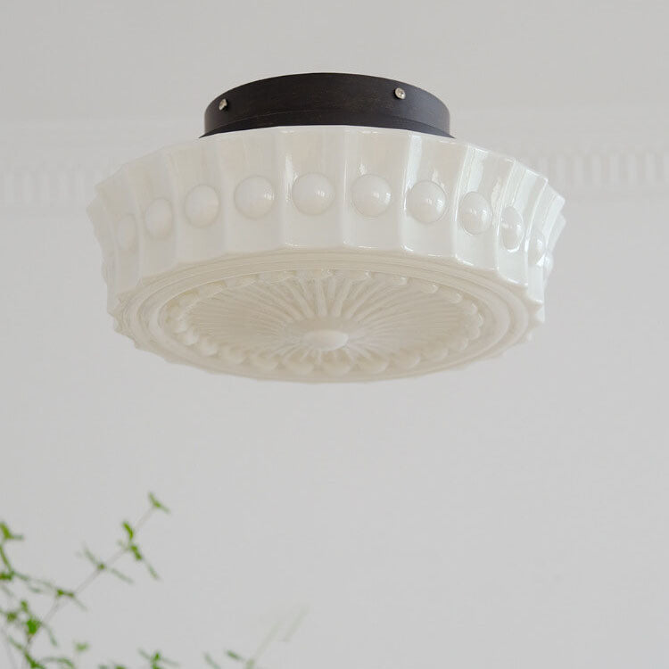 Traditional French Iron Glass Stripes Round Drum LED Semi-Flush Mount Ceiling Lamp for Living Room and Bedroom