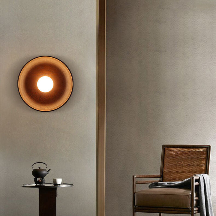Modern Minimalist Round Disc Solid Wood 1-Light Wall Lamp