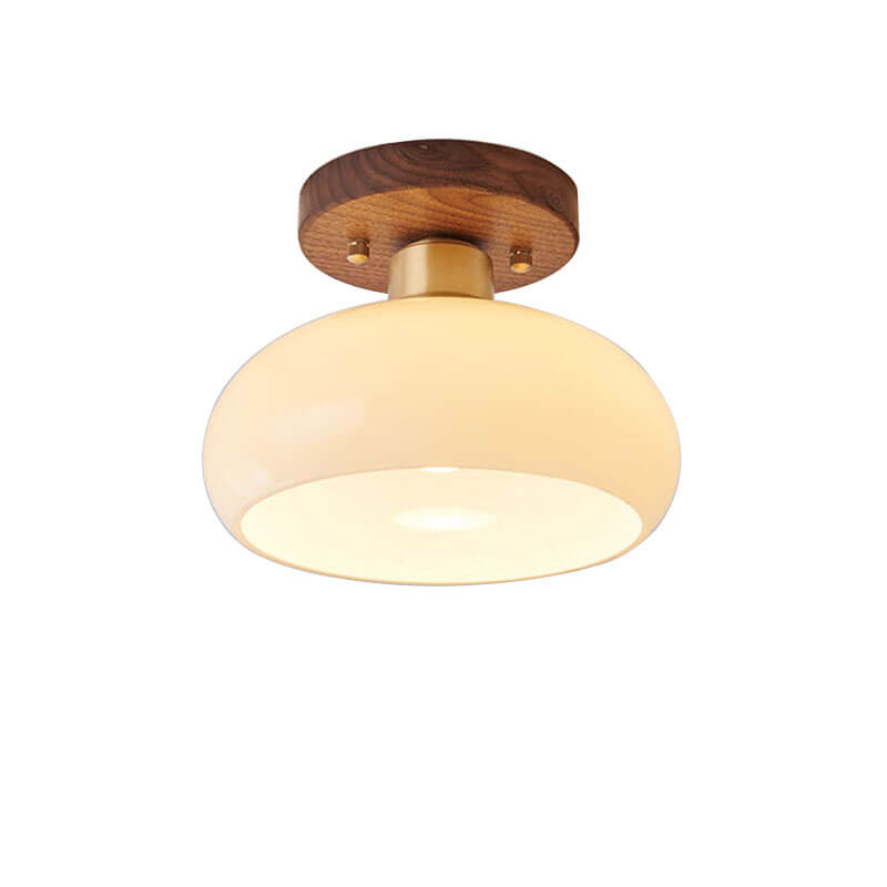 Creative Vintage Walnut Brass Round 1-Light Semi-Flush Mount Ceiling Lamp