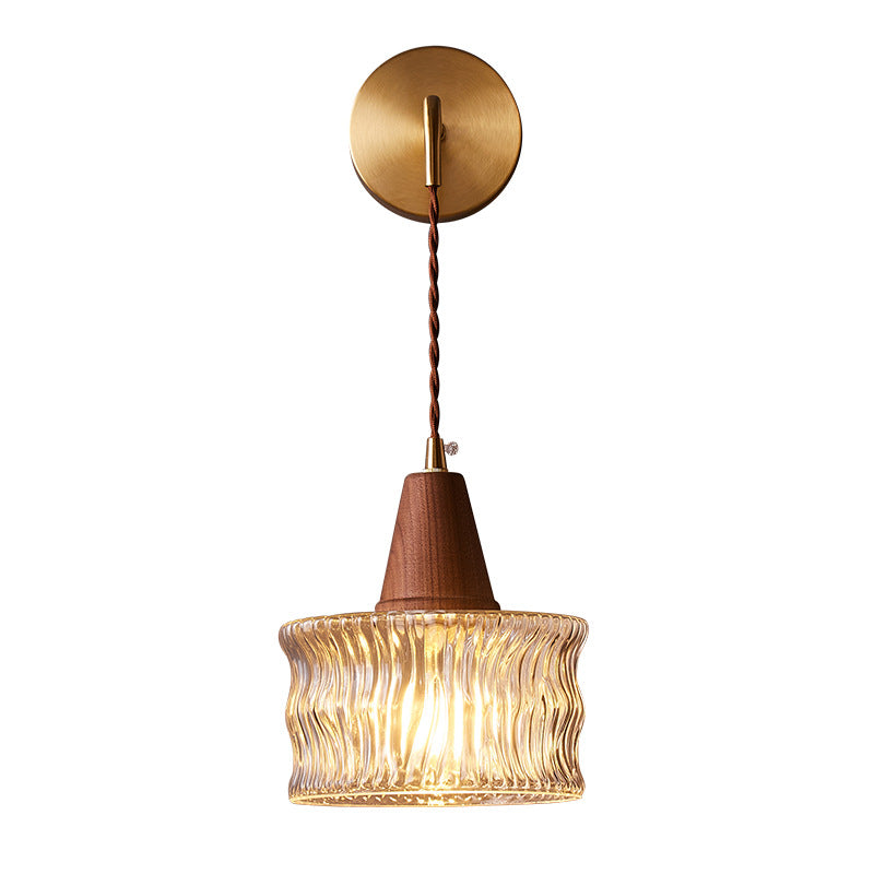 Traditional Japanese Walnut Glass Copper Cylinder 1-Light Wall Lamp