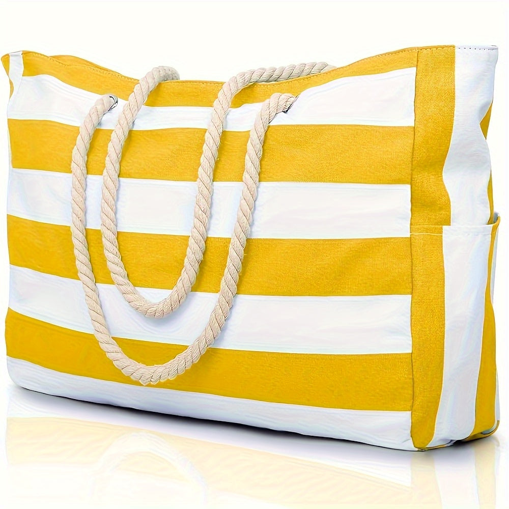 Striped Beach Bag with Large Capacity – Durable Polyester with Zipper