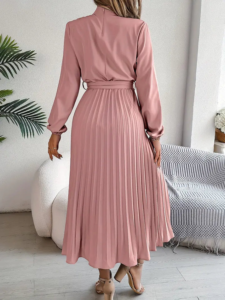 Belted Pleated Midi Dress with Long Sleeves – Elegant High Neckline