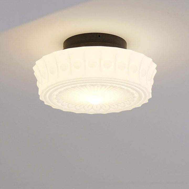 Traditional French Iron Glass Stripes Round Drum LED Semi-Flush Mount Ceiling Lamp for Living Room and Bedroom