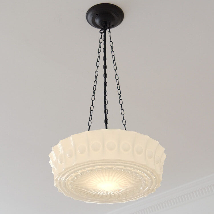 Traditional French Iron Glass Stripes Round Drum LED Semi-Flush Mount Ceiling Lamp for Living Room and Bedroom
