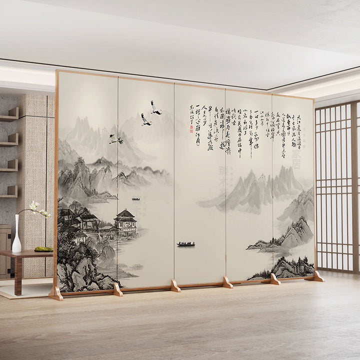 Traditional Chinese Rectangular Pine Wood Solid Wood Plywood Cotton Canvas Room Divider for Living Room