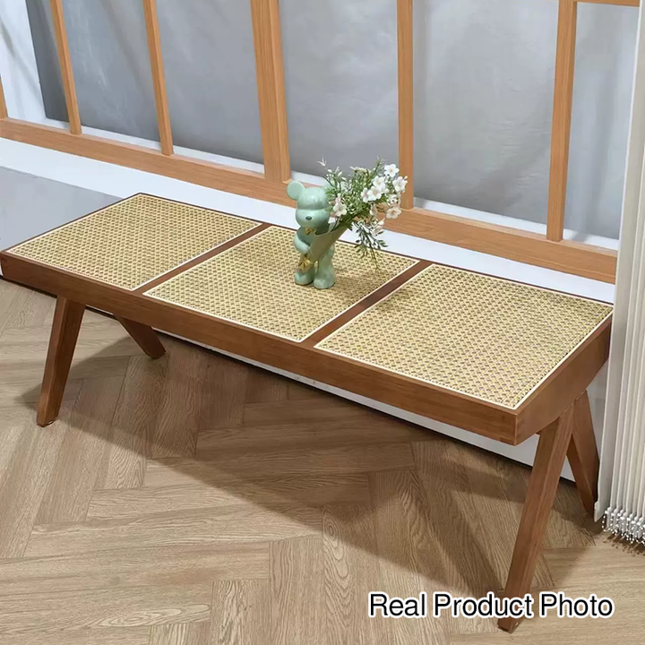 Traditional Japanese Rubberwood and Synthetic Fiber Rectangular V-Shaped Bench with Handwoven Seat for Entryway and Living Room