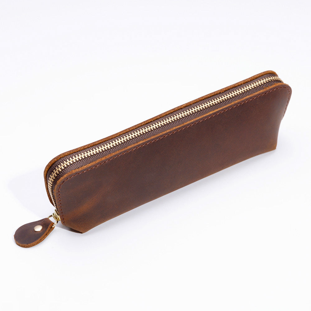 Elegant Leather Zippered Writing Case for Pens and Pencils