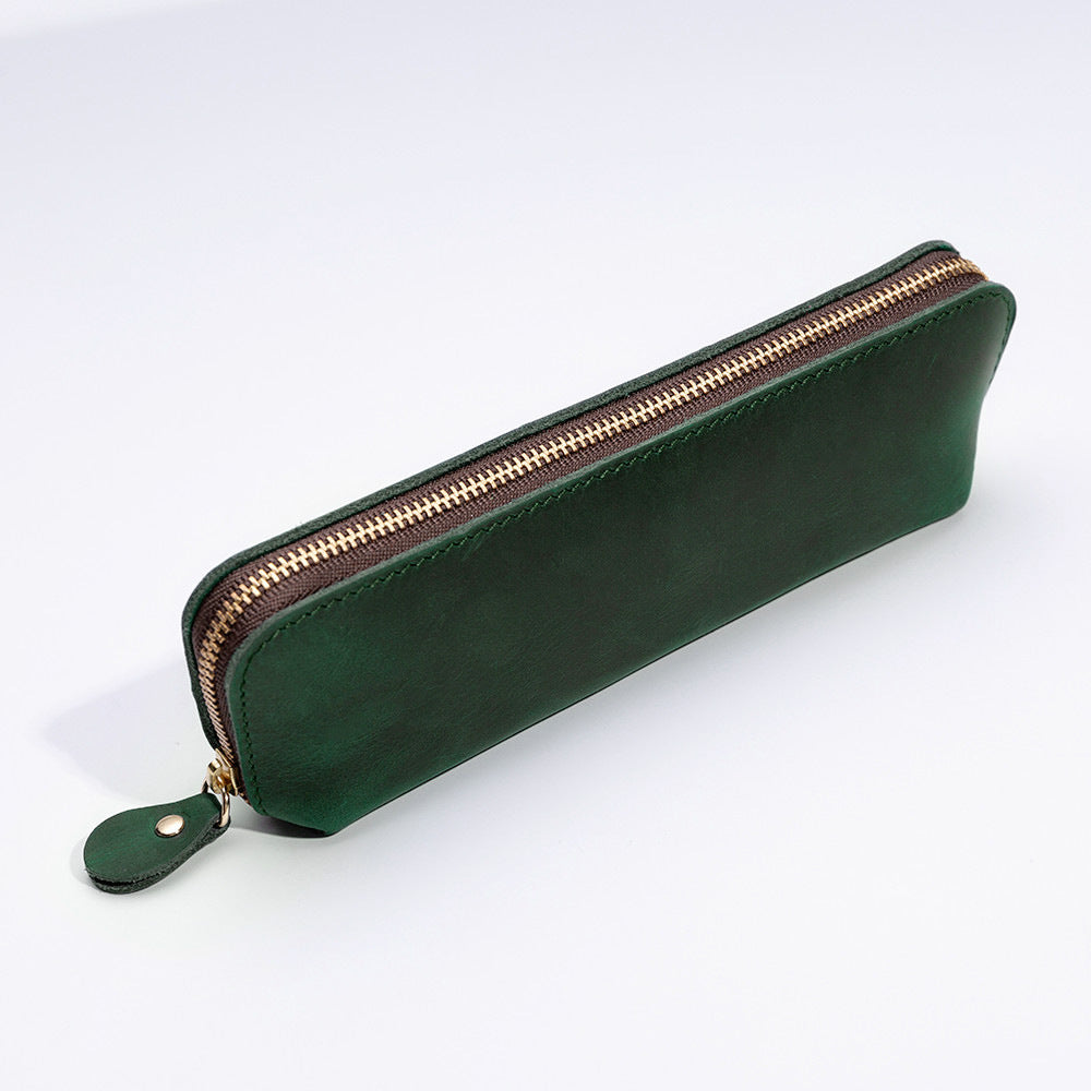 Elegant Leather Zippered Writing Case for Pens and Pencils