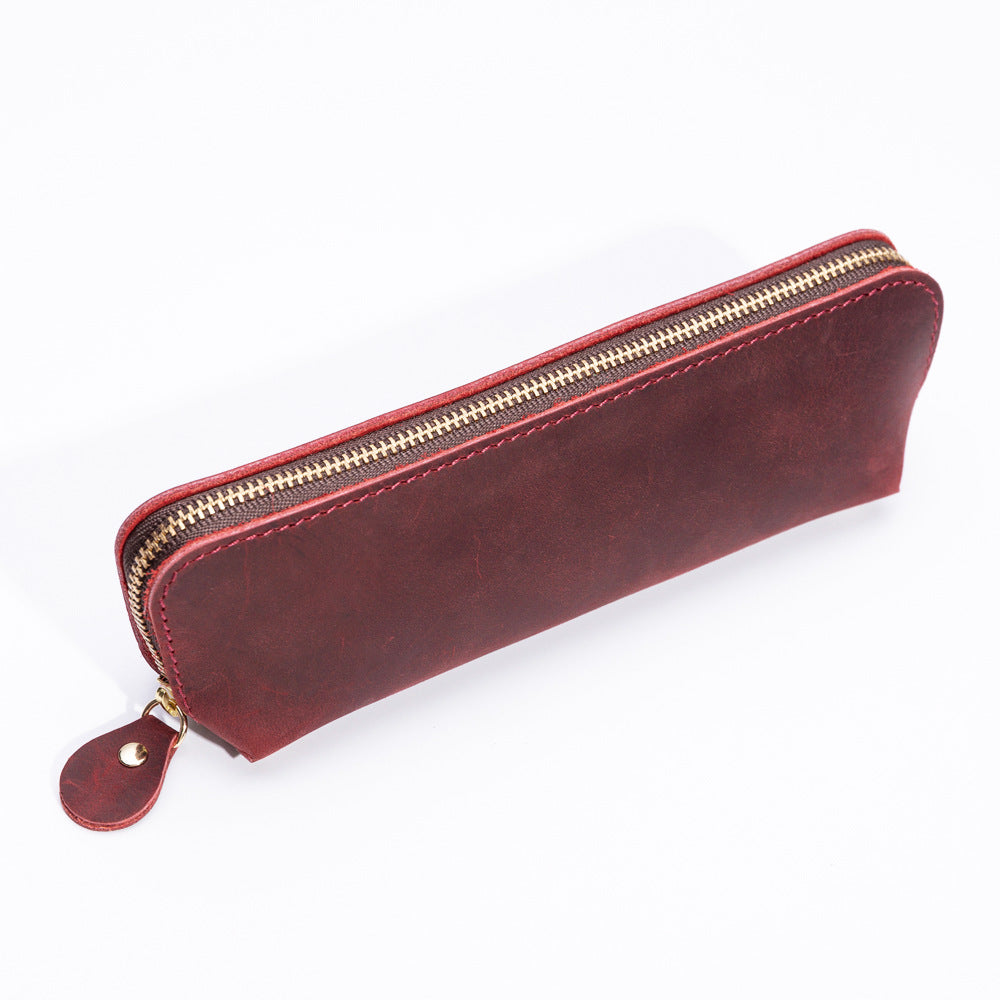 Elegant Leather Zippered Writing Case for Pens and Pencils
