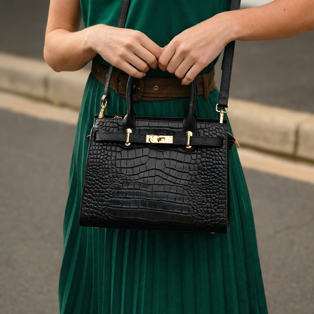 Harlow – Croc Embossed Satchel Bag with Gold Turn Lock and Crossbody Strap