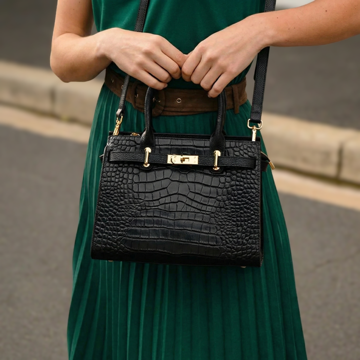 Harlow – Croc Embossed Satchel Bag with Gold Turn Lock and Crossbody Strap