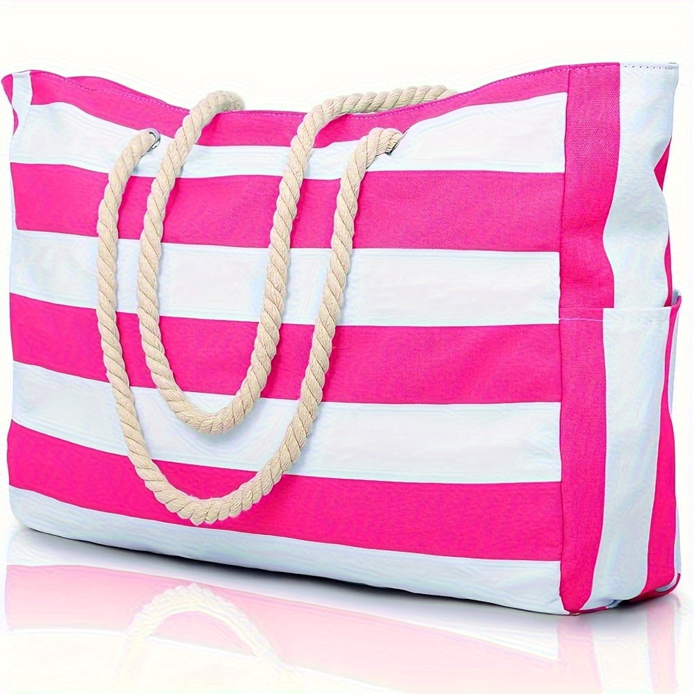 Striped Beach Bag with Large Capacity – Durable Polyester with Zipper