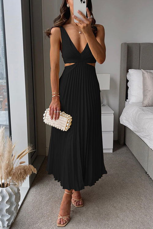 Midi Gala Dress Women Pleated Skirt Waist Cutout