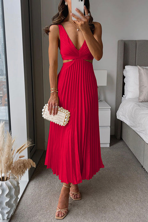 Midi Gala Dress Women Pleated Skirt Waist Cutout