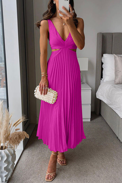 Midi Gala Dress Women Pleated Skirt Waist Cutout