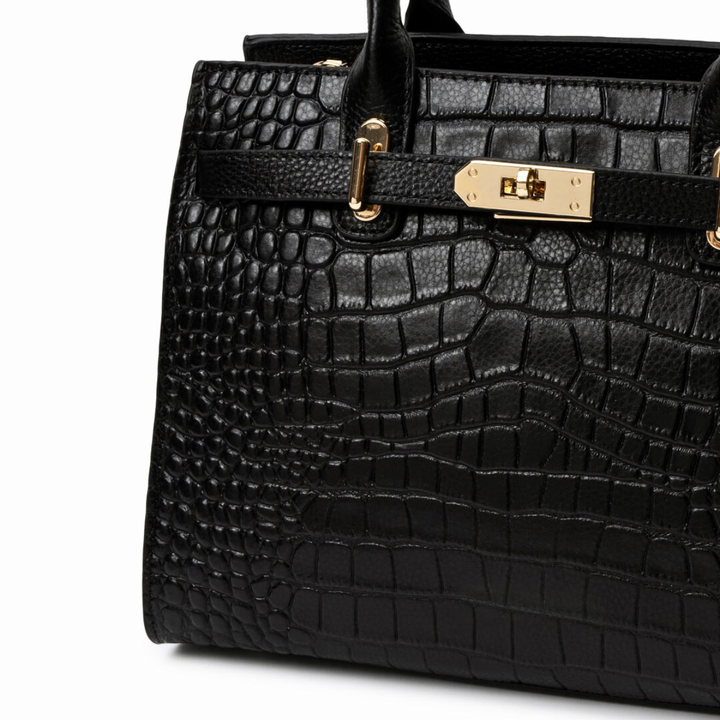Harlow – Croc Embossed Satchel Bag with Gold Turn Lock and Crossbody Strap