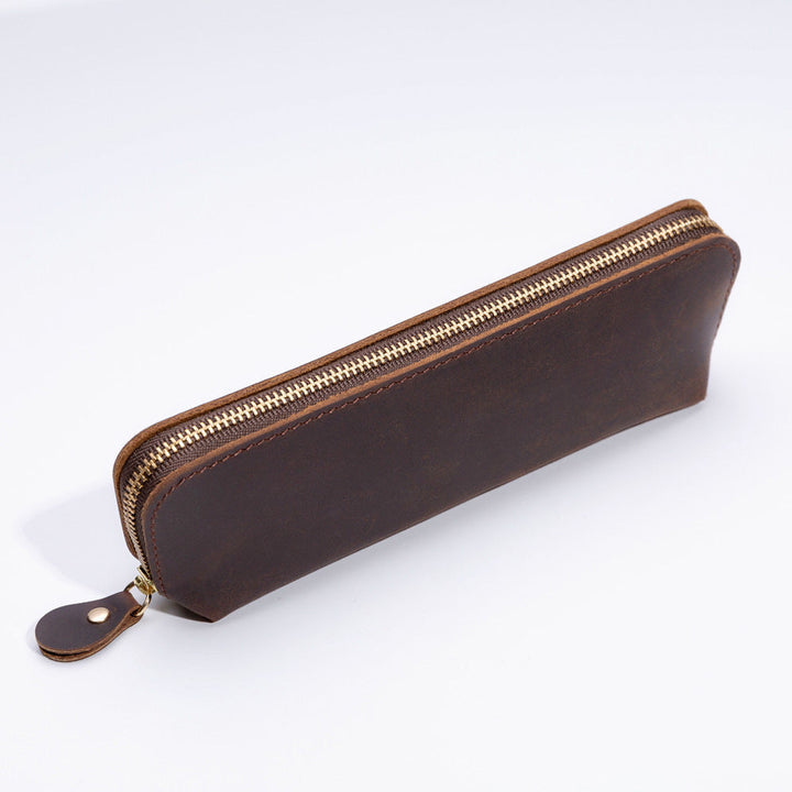 Elegant Leather Zippered Writing Case for Pens and Pencils