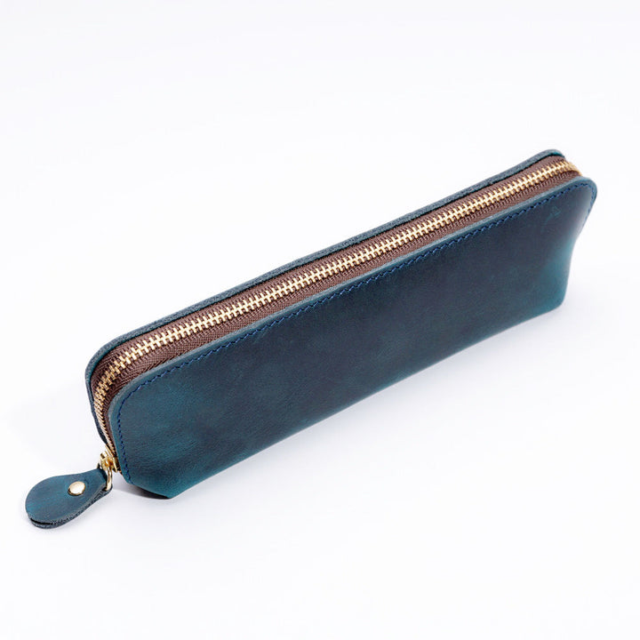 Elegant Leather Zippered Writing Case for Pens and Pencils