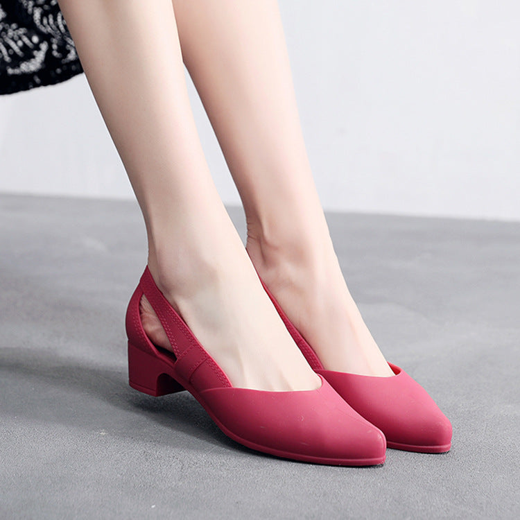 Pointed Toe Block Heel Slip-On Pump with Cutout Details